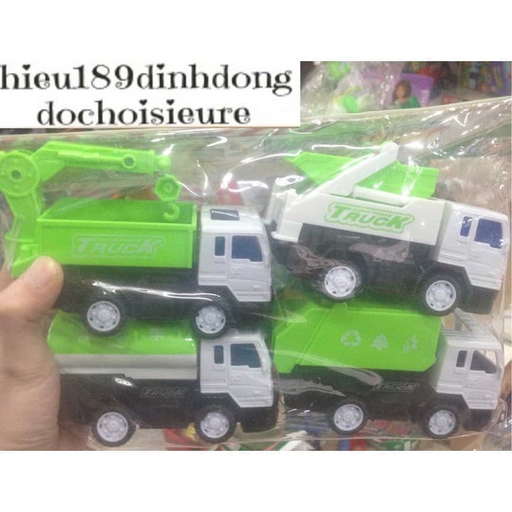 Set 4 xe công trình, xe rác bánh đà, màu sắc đẹp (ảnh thật)