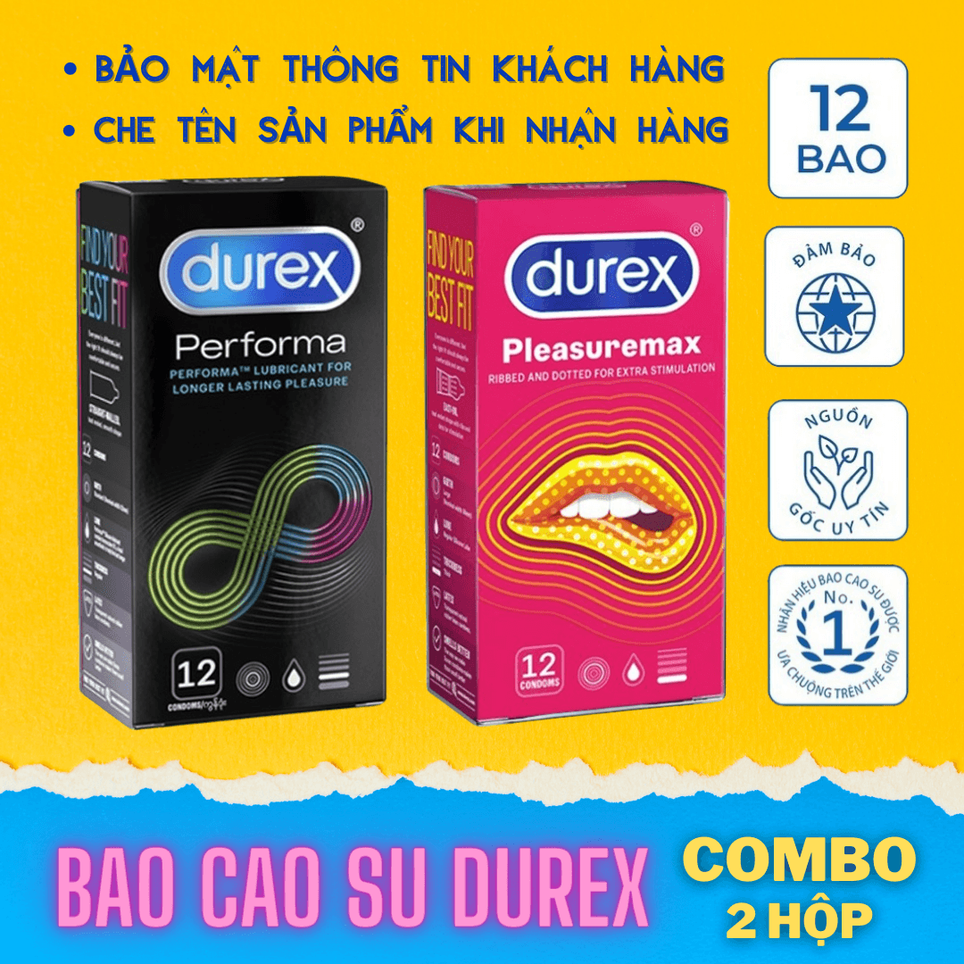 [2 Hộp] Bao cao su chống xuất tinh sớm  Durex Performa kéo dài thời gian quan hệ + Bao cao su nam có gai Durex Pleasuremax gân gai 💝