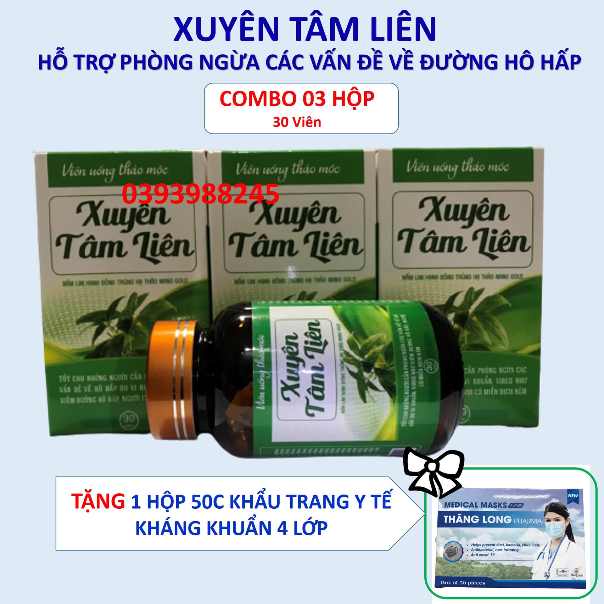 [XUYÊN TÂM LIÊN] Combo 03 hộp Viên uống thảo mộc Xuyên Tâm Liên hỗ trợ phòng ngừa các vấn đề về hô hấp do vi khuẩn virut hỗ trợ tăng cường hệ miễn dịch